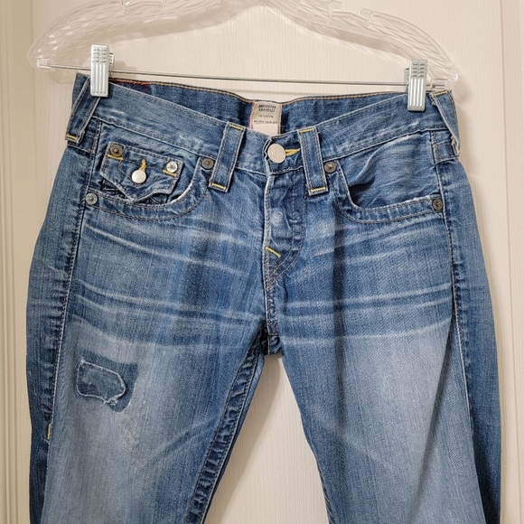 True Religion Size 25 Blue Jordan Y2K Flap Pocket Distressed/Destroyed Jeans - Picture 2 of 15